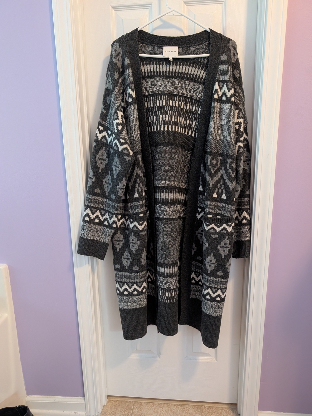 Pink Rose Black and Gray Patterned Open-Front Women's Cardigan